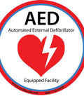 AED emblem circular badge with red and blue ring, heart and lightning bolt, text Automated External Defibrillator