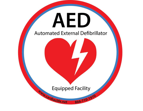 AED emblem circular badge with red and blue ring, heart and lightning bolt, text Automated External Defibrillator