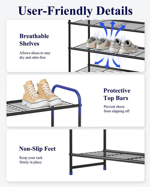 Heavy Duty Three Tier Shoe Rack Decked Out In Thick Matte Black Steel For Fast Entryway Refresh Holds Sneakers High Tops And Slippers Snug As A Bug No Sweat Tool Free Setup Keeps Closets And Hallways Neat So You Can Chill In Clean Spaces