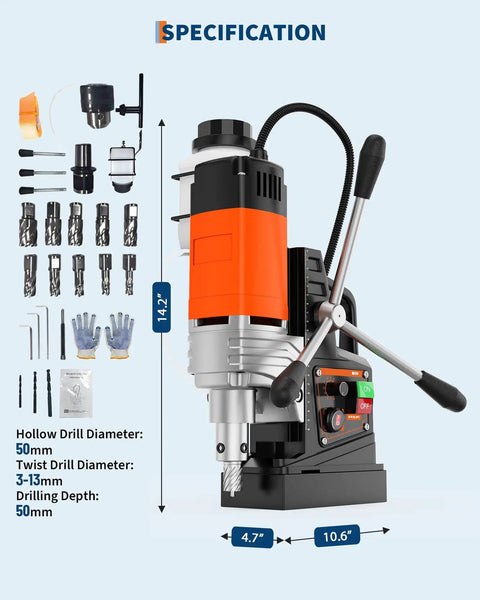 Heavy-Duty 1650W Magnetic Drill Press With One Point Five Seven Inch Boring Diameter And Adjustable Speed Control For Steel specifications visual.
