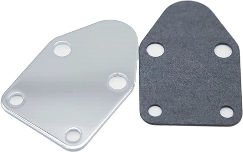Bolt On Fuel Pump Block Off Plate Kit With Gasket And Stainless Hex Bolts For Small Block Chevy SBC Engines 265 283 327 305 302 350 383 400 Direct Fit With Heavy Gauge Steel Gasket For Durable Seal And Easy Bolt On Installation aluminum plate and gasket set with four bolt holes