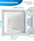Heavy Duty Drywall Access Panel 12 By 12 Inch - Slick White Wall Hole Cover dimensions showing 12 inch size and stable hinges.
