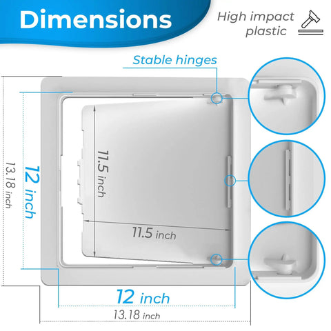 Heavy Duty Drywall Access Panel 12 By 12 Inch - Slick White Wall Hole Cover dimensions showing 12 inch size and stable hinges.