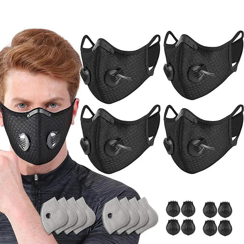 4 Pack Black Unisex Adjustable Reusable Sport Mask With 8 Carbon Filters And 8 Breathing Valves For Adult Outdoor Use