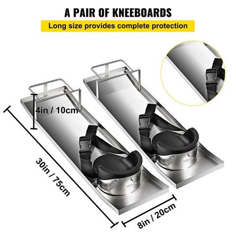 Heavy Duty Concrete Knee Board Sliders Set For Pro Grade Concrete Finishing, 30 By 8 Inch Stainless Steel Kneeboards shown with straps