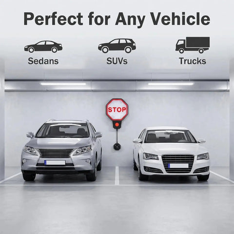 Plug And Play Garage Parking Sensor With LED Stop Indicator, Ultrasonic Anti Collision Parking Aid For Sedans, SUVs And Trucks, Universal Fit For Home Garages, Easy Install, No Fuss Setup, And Ready To Use Right Out Of The Box. Garage view with two cars and stop indicator