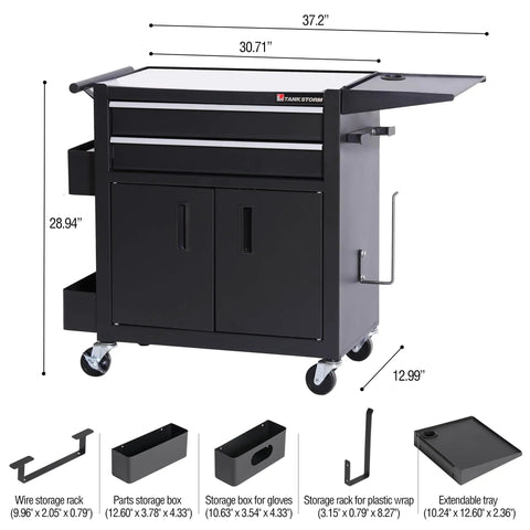 Rolling Tattoo Workstation Cart With Two Lockable Drawers On Wheels Metal Tool Chest With Cabinet And Side Trays Mobile Workbench