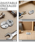 Concealed Cabinet Door Hinges Four Piece Set Flush Installation 90 Degree Adjustable In Silver Zinc Alloy, tools visible