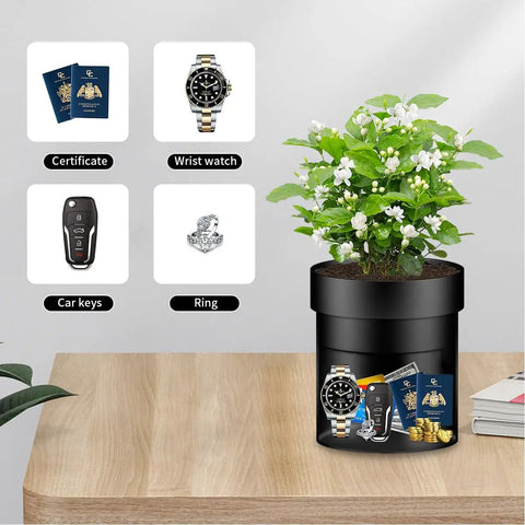 Fire Resistant Steel Flower Pot Stash Safe With Lock Hidden Safe Box Dual Layer Design Upper ABS Plant Pot Lower Steel Compartment With False Bottom showing valuables storage