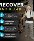 BraceAbility Work Back Brace with removable shoulder straps, black, front view in warehouse