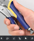 Hand gripping 10 Inch Locking Pliers Sheet Metal Clamp Heavy Duty Welding Tool, blue rubber handle, adjustable pressure screw.