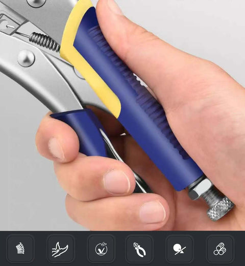 Hand gripping 10 Inch Locking Pliers Sheet Metal Clamp Heavy Duty Welding Tool, blue rubber handle, adjustable pressure screw.