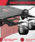 Fold-Out Packout Mount For Packout Toolbox Side Storage, Durable Folding Mounting Plate That Snugly Fits Packout Rail And Converts Your Space Into A Ready-To-Go Work Surface, demonstrating strength with weights and wrecker ball.