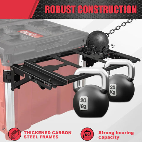 Fold-Out Packout Mount For Packout Toolbox Side Storage, Durable Folding Mounting Plate That Snugly Fits Packout Rail And Converts Your Space Into A Ready-To-Go Work Surface, demonstrating strength with weights and wrecker ball.