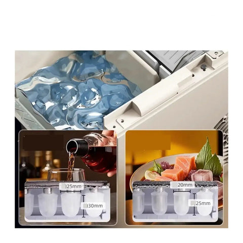 Quick Freeze Countertop Ice Maker For Home And Dorm slams out fast ice cubes in minutes with push buttons shown pouring drink.
