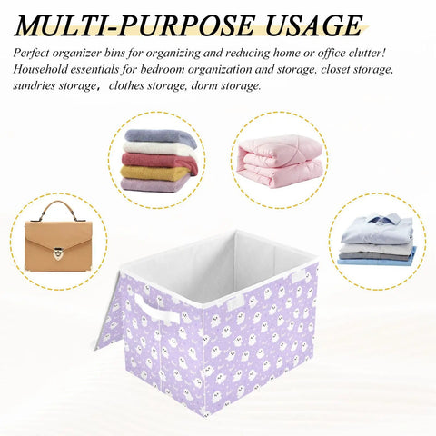 Smooth Folding Storage Bin With Grippy Handles And Snug Velcro Cover Collapsible Oxford Fabric Tote For Closets And Dorm Rooms showing storage use with folded blankets and clothes.