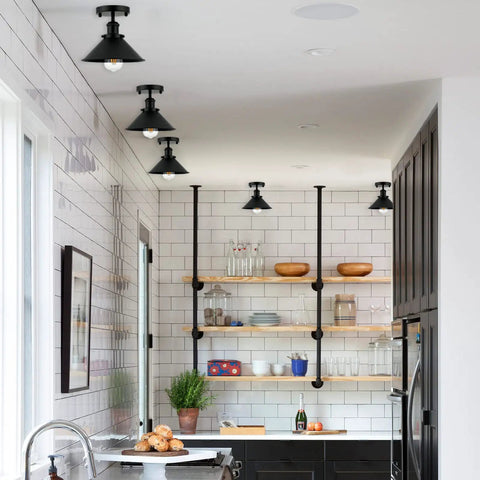 Set Of 2 Vintage Industrial Black Ceiling Lights Semi Flush Mount Fixtures in kitchen, minimalist modern rustic vibe, hardwired.