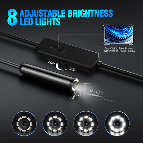 HD Endoscope Camera With Light For Tight Spaces 16.4ft Wiring Harness 7.9mm Slim Probe 1920P Borescope Inspection Camera With 8 Adjustable LEDs IP67 Waterproof Plug And Play For Pipes And Engines, close-up of LED control
