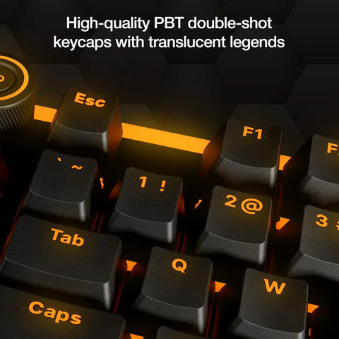 Close-up of PBT double-shot keycaps with translucent legends on Smooth Riding Mechanical Gaming Keyboard With Ultra Quiet Linear Switches.