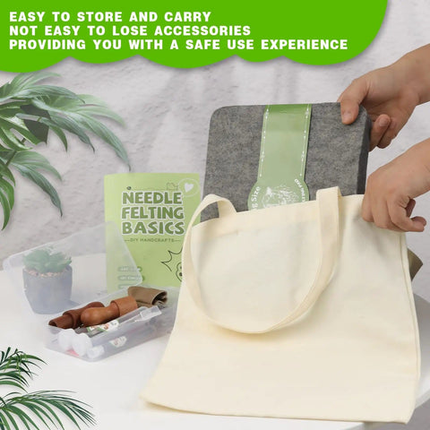 Person placing Dope Pro Grade Needle Felting Kit with 90 felting needles, 8x10 large mat, canvas bag and tools on table