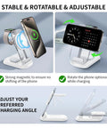 Travel Ready MagSafe 3 In 1 Wireless Charging Station For iPhone 12 13 14 15 16 17 Pro Max Apple Watch And AirPods Magnetic Stand With Light Fast Two Point Five Hour Charging Easy Vertical Or Horizontal Use Gift For Wife And Husband White shown with adjustable stand angles for phone and accessories