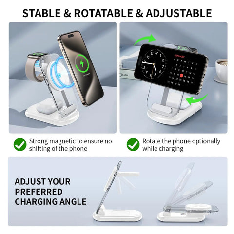 Travel Ready MagSafe 3 In 1 Wireless Charging Station For iPhone 12 13 14 15 16 17 Pro Max Apple Watch And AirPods Magnetic Stand With Light Fast Two Point Five Hour Charging Easy Vertical Or Horizontal Use Gift For Wife And Husband White shown with adjustable stand angles for phone and accessories