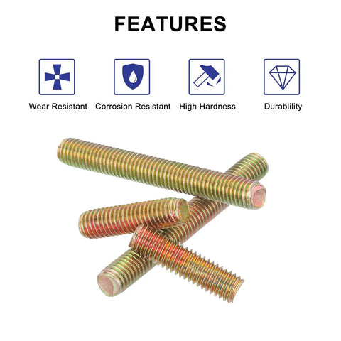 10 Pack M8-1.25 Carbon Steel Fully Threaded Rods, 65mm Length, Zinc Plated, shown with durability features icons