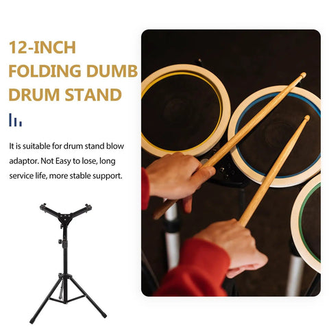 Badass Adjustable Snare Drum Rack And Practice Stand With Rock Solid Non Slip Base Plus Straight Up Portable Double Drumstick Shelf And Quick Hinge Height Adjustment For Pro Music Gear, featuring 12-inch folding drum stand with drumsticks.