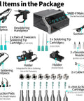 All-In-One Micro Soldering And Hot Air Rework Station with tools and accessories for BGA and SMD under the microscope, labeled items.