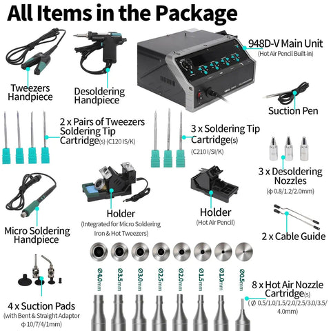 All-In-One Micro Soldering And Hot Air Rework Station with tools and accessories for BGA and SMD under the microscope, labeled items.
