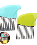 2-pack stainless steel crinkle cutters with blue and green handles for wavy veggie slices.