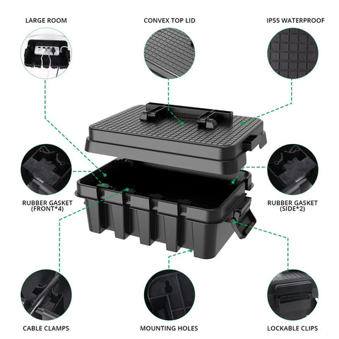 Built Tough Large Outdoor Electrical Box With Handle, Weatherproof IP55 Rated Cord Cover, diagram showing features and components