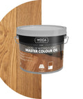 Tin of Master Color Oil Plant Based Stain And Finish For Wood Furniture Floors Trim And Cabinets 2.5L next to wood sample.
