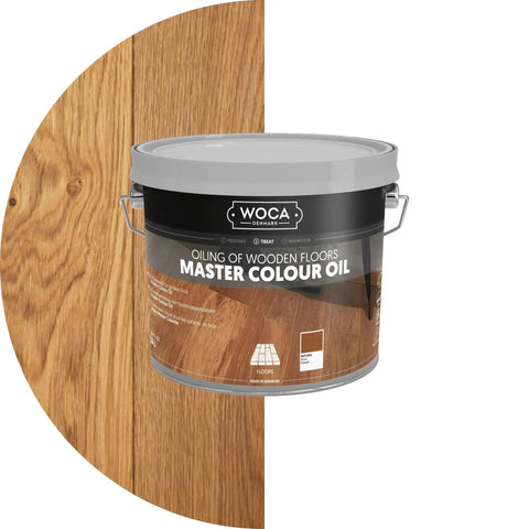 Tin of Master Color Oil Plant Based Stain And Finish For Wood Furniture Floors Trim And Cabinets 2.5L next to wood sample.