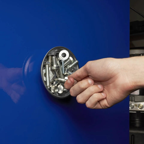 Three Piece Magnetic Tray And Pick Up Tool Set with magnetic dish holding bolts against a blue background