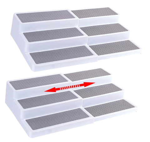Built Tough 3 Tier Expandable Spice Rack Featuring Adjustable Length And Secure Non Slip Shelves Ultimate Game Changer For Kitchen Cabinet Pantry Or Countertop 2 Pack White And Grey showing adjustable non-slip shelves.