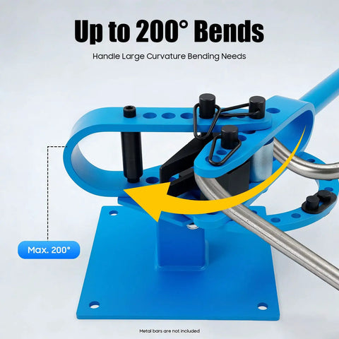 Heavy Duty Manual Pipe Bender With Seven Dies Ranging From One To Three Inches for bending metal rods with up to 200° bends.
