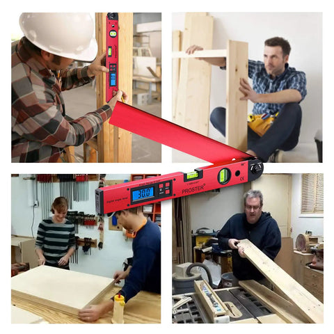 Straight Up Essential for Woodworkers A Hella Precise Digital Angle Finder Gauge Lcd Protractor Spirit Level Meter in use by carpenters.