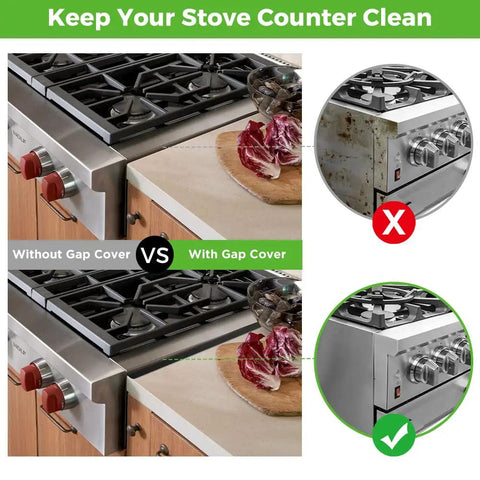 Comparison of a stove with and without Stove Gap Covers And Filler Kit For Seamless Kitchen Look Aluminum Black 23.4 In Heat Resistant
