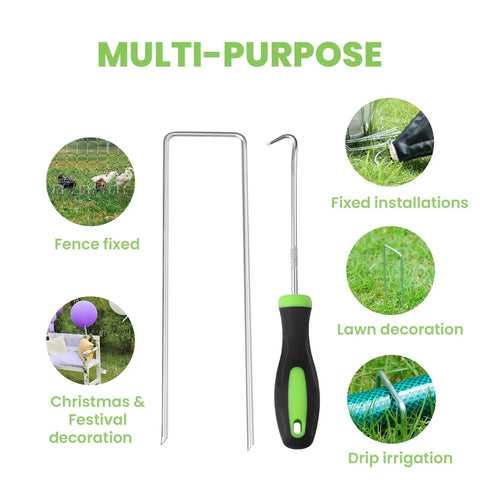 Heavy Duty 6 Inch Galvanized Landscape Staples 50 Pack U Shaped Pins For Securing Weed Barrier Fabric Garden Stakes And Lawn Ground Anchors 11 Gauge Rust Resistant shown for fence fixing and lawn decoration.