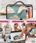 Airplane Themed Travel Makeup Bag Hanging Roll Up Organizer For Women with compartments and toiletries on display.