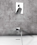 Top Notch Chrome Shower System With Rainfall Head Wall Mounted Faucet With Tub Spout Handle Set Trim Kit And Rough In Valve with water flowing into bathtub