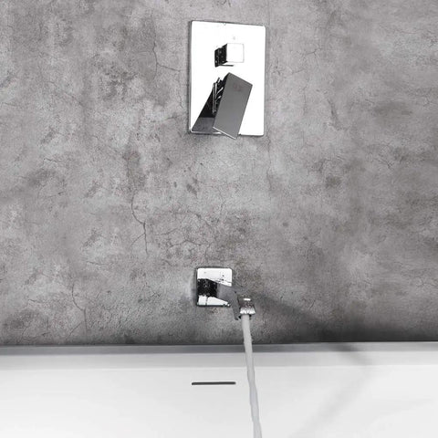 Top Notch Chrome Shower System With Rainfall Head Wall Mounted Faucet With Tub Spout Handle Set Trim Kit And Rough In Valve with water flowing into bathtub