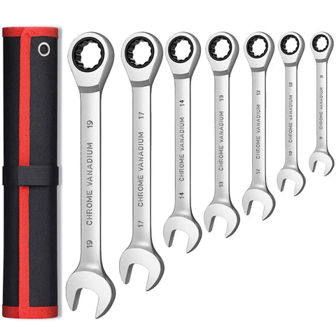 Eight Piece Ratchet Wrench Set With Universal Spanners For Auto Car Repair Compact Pro Grade Anti Rust Plating Easy Grip Handles