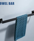 Matte Black 4 Piece Stainless Steel Towel Bar Set For Bathrooms Wall Mounted Hardware Kit With Towel Rack Robe Hook And Toilet Paper Holder Rust Resistant SUS304 Bath Accessories, image shows towel bar with blue towel.