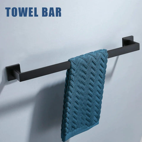 Matte Black 4 Piece Stainless Steel Towel Bar Set For Bathrooms Wall Mounted Hardware Kit With Towel Rack Robe Hook And Toilet Paper Holder Rust Resistant SUS304 Bath Accessories, image shows towel bar with blue towel.