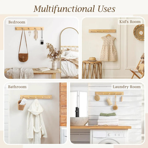 Wall Mounted Wooden Coat Rack With Five Heavy Duty Hooks In Natural Bamboo Finish Sturdy Built To Last With Waterproof Coating Ideal For Entryway Hallway Living Room Decor in various room setups.