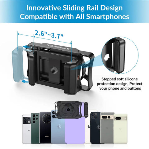 Universal Telescope Phone Adapter With Bluetooth Shutter Remote compatible with various smartphones, showing sliding rail design.