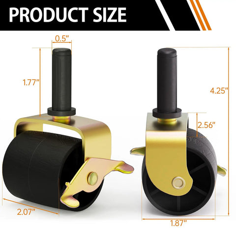Heavy Duty Metal Bed Frame Casters Set Of Eight For Tool Free Mounting, gold and black casters with measurement details.