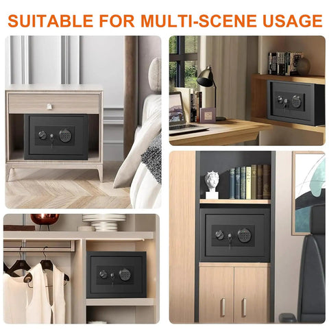 Compact Fireproof Safe Box For Home With Digital Keypad And Key Lock shown in various cabinet and closet settings.